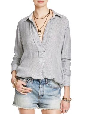 Free People Striped On The Road Tunic Top XS Navy White Rayon Oversized Boho